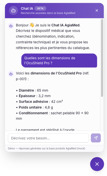 Assistant IA : « Quelles sont les dimensions de l'OcuShield Pro ? » → réponse instantanée, structurée, sourcée.