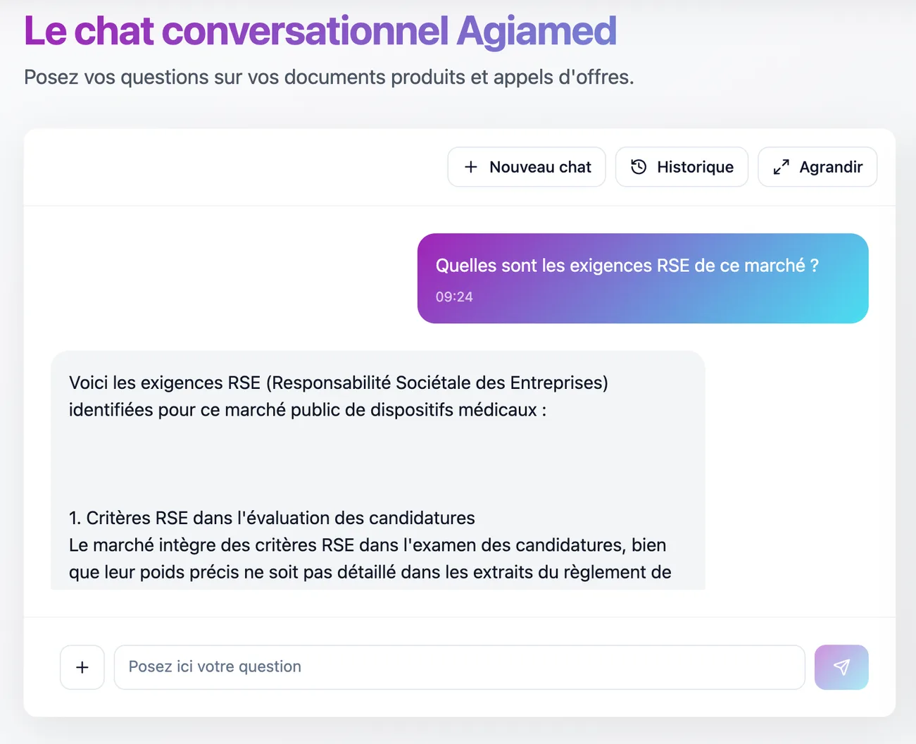 Chat conversationnel Agiamed remplissant une annexe technique