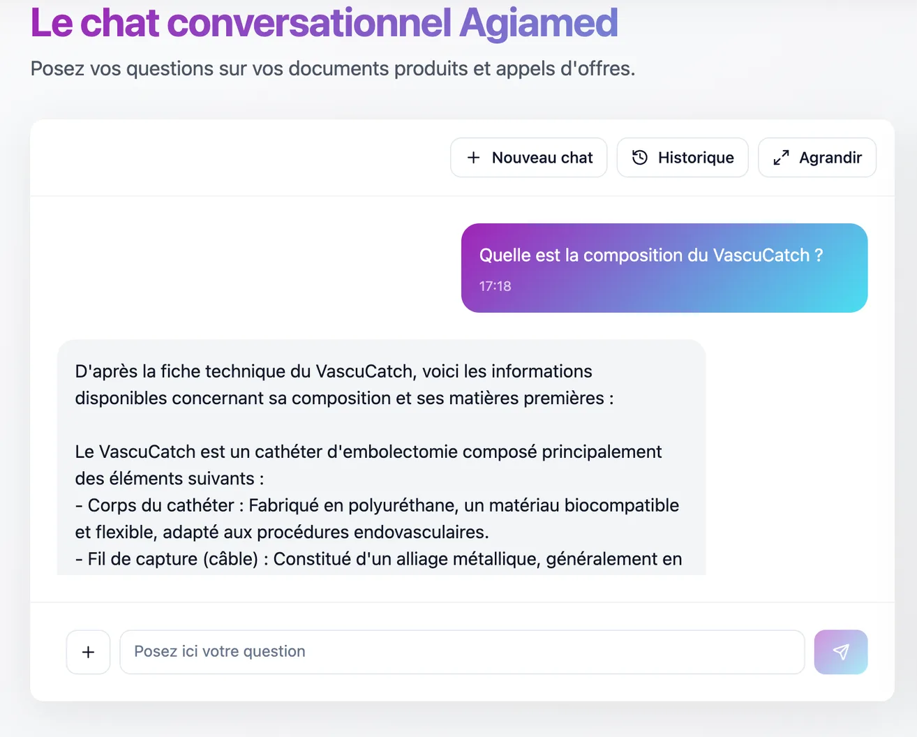 Réponse du AGIA : le Chat IA sur la composition d'un dispositif médical