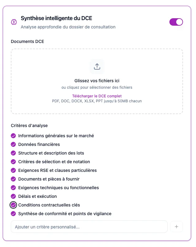 Sélection des critères d'analyse du DCE dans EDAO